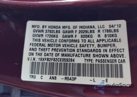 2012 Honda Civic Ex from USA, damaged, VIN 19XFB2F82CE059284